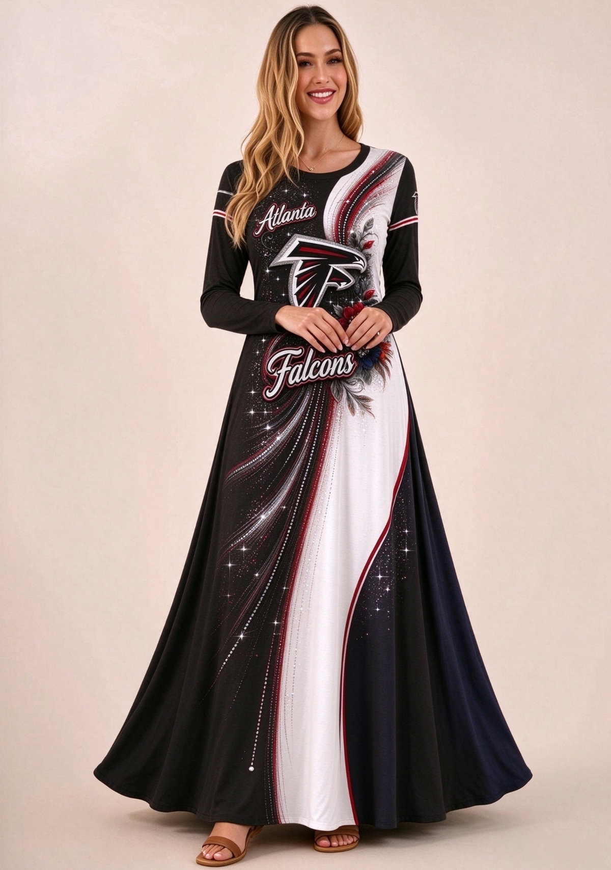 Women Atlanta Falcons Floral Print Long Sleeve Maxi Dress