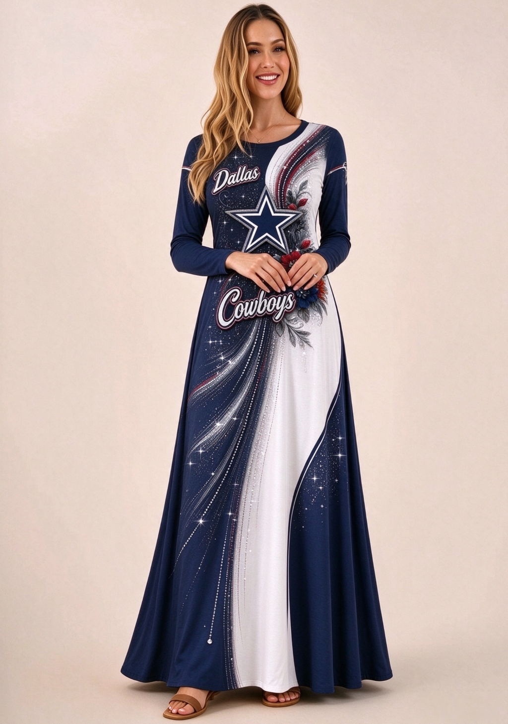 Women Dallas Cowboys Floral Print Long Sleeve Maxi Dress