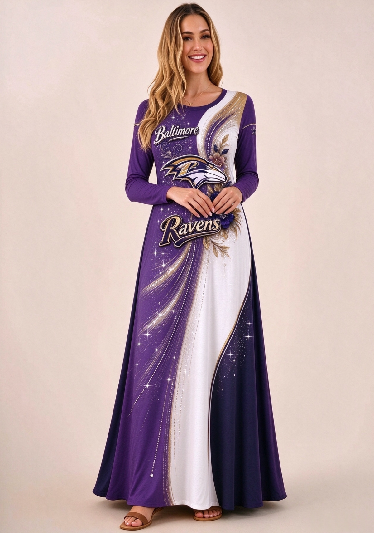 Women Baltimore Ravens Floral Print Long Sleeve Maxi Dress