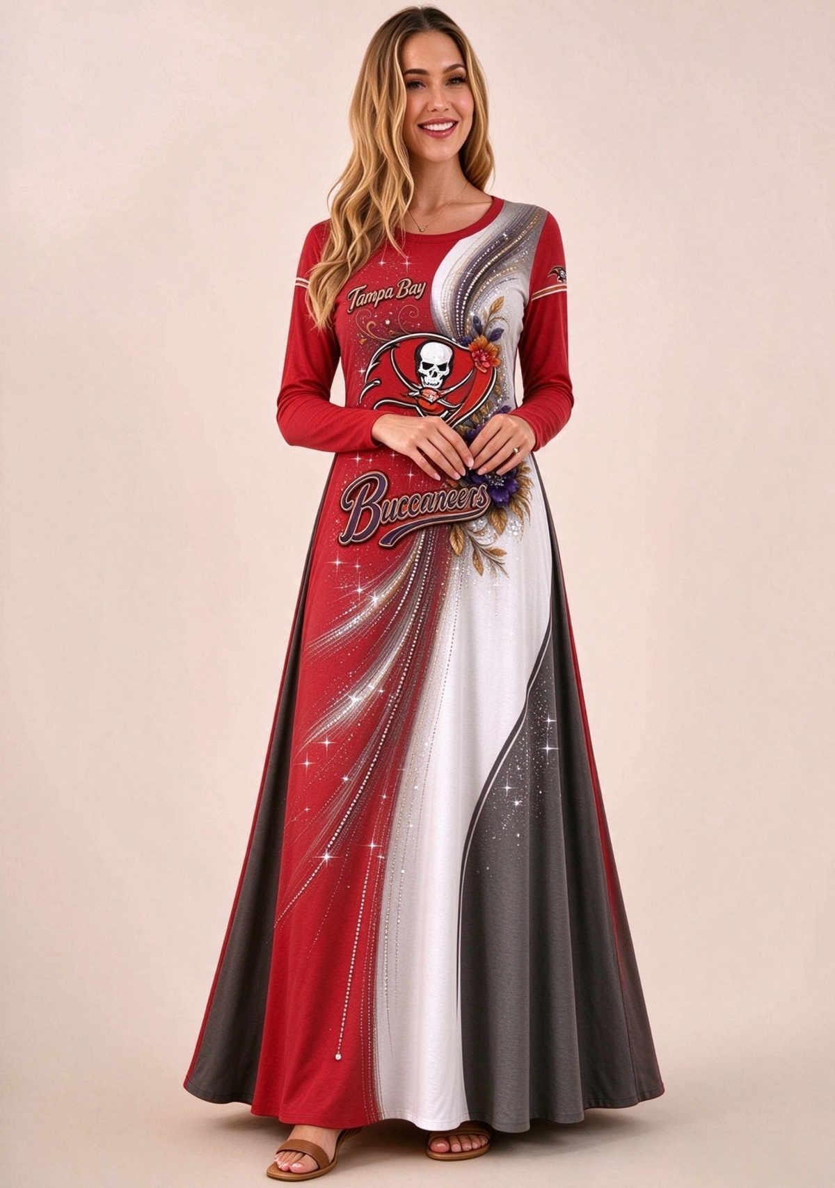 Women Tampa Bay Buccaneers Floral Print Long Sleeve Maxi Dress