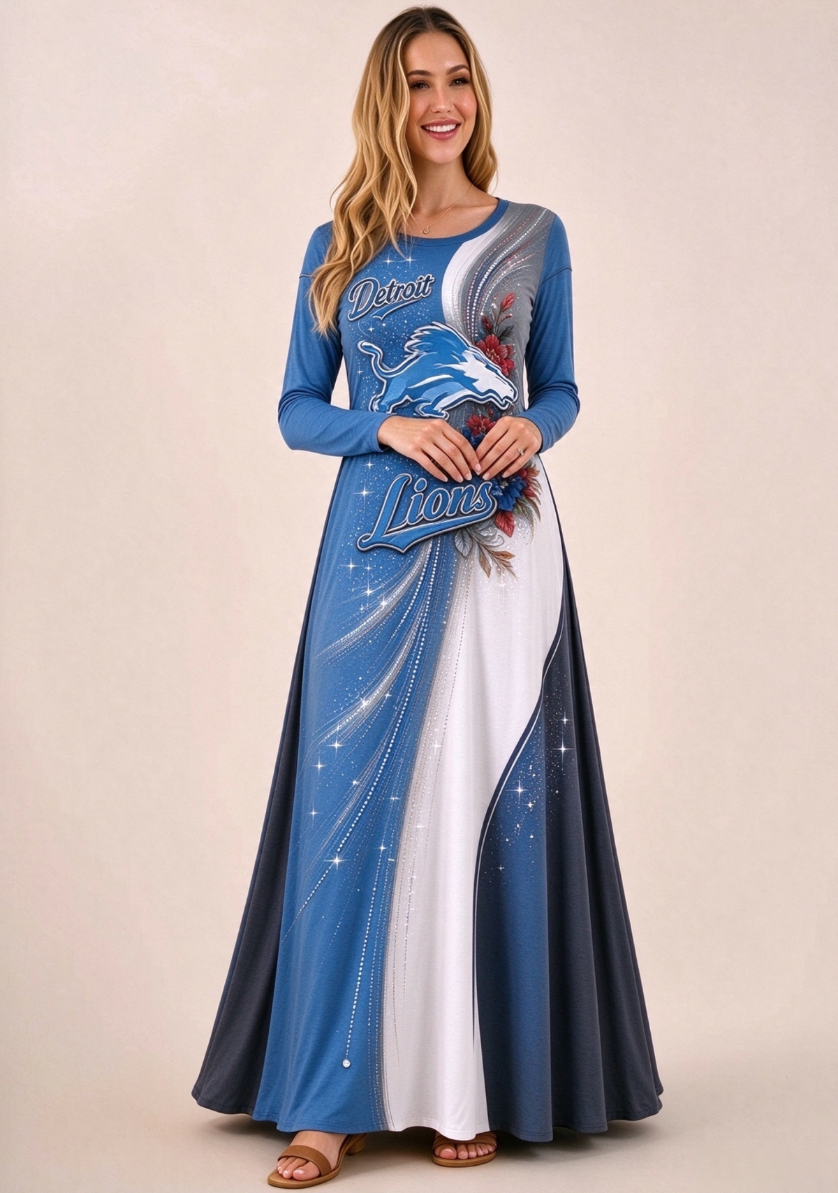 Women Detroit Lions Floral Print Long Sleeve Maxi Dress
