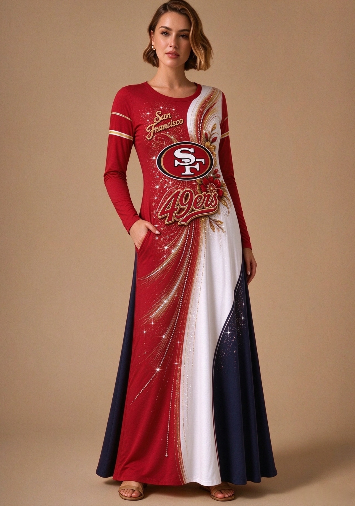 Women San Francisco 49ers Print Long Sleeve Maxi Dress