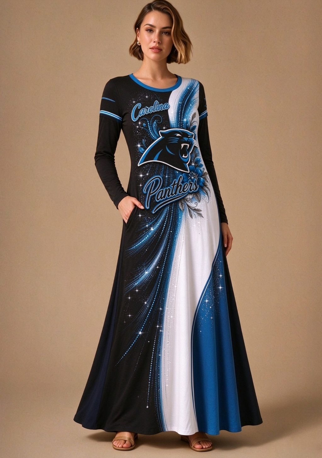 Women Carolina Panthers Print Long Sleeve Maxi Dress