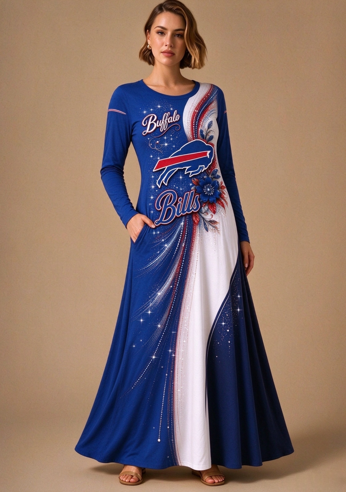 Women Buffalo Bills Print Long Sleeve Maxi Dress