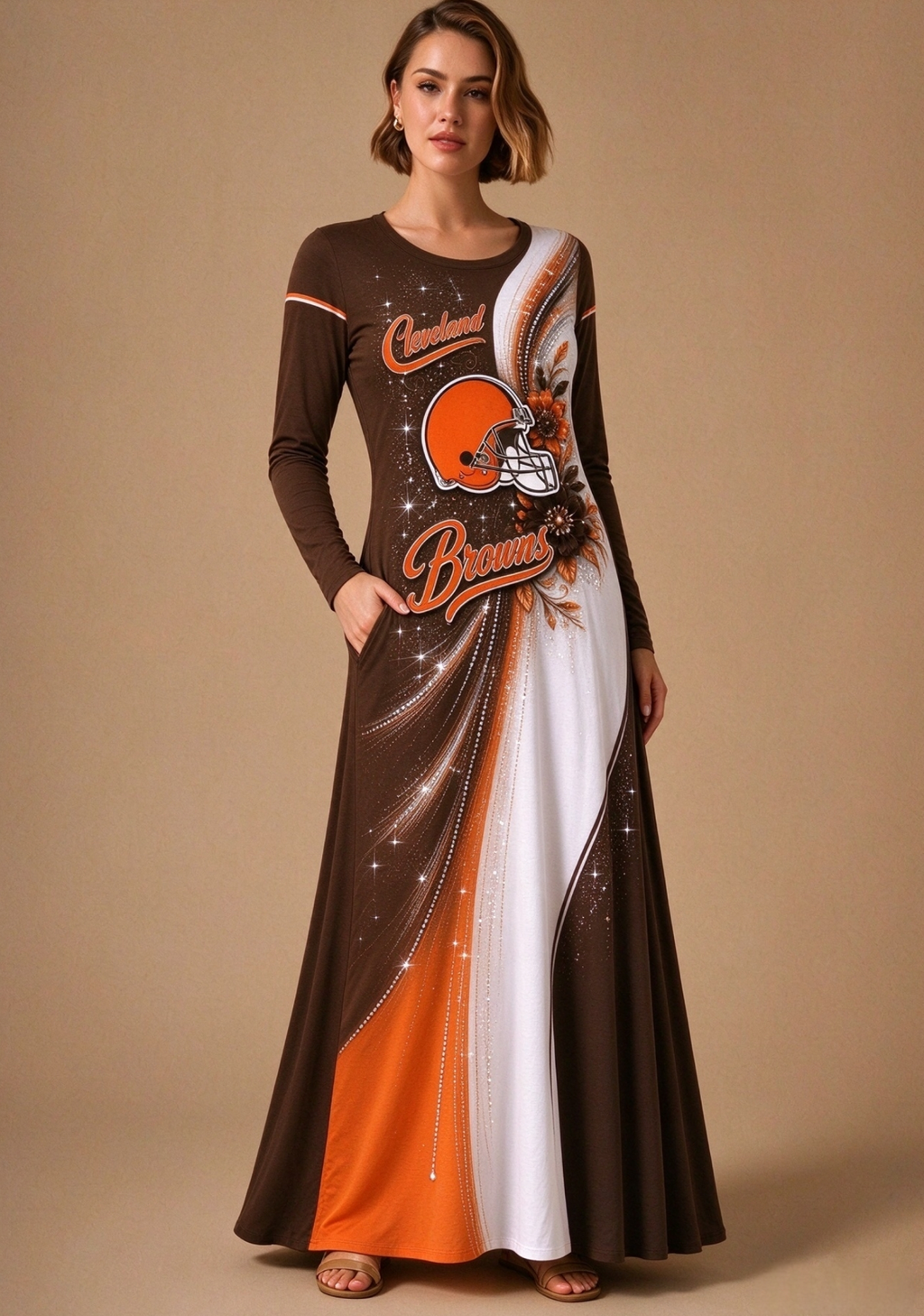 Women Cleveland Browns Print Long Sleeve Maxi Dress