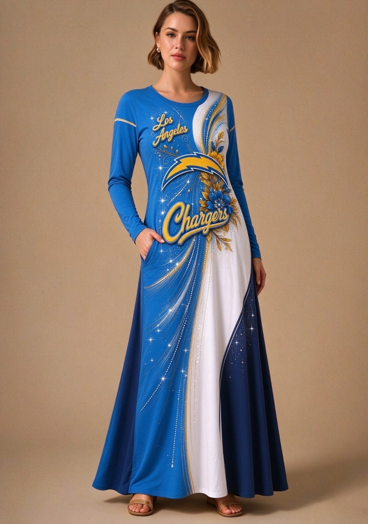 Women Los Angeles Chargers Print Long Sleeve Maxi Dress