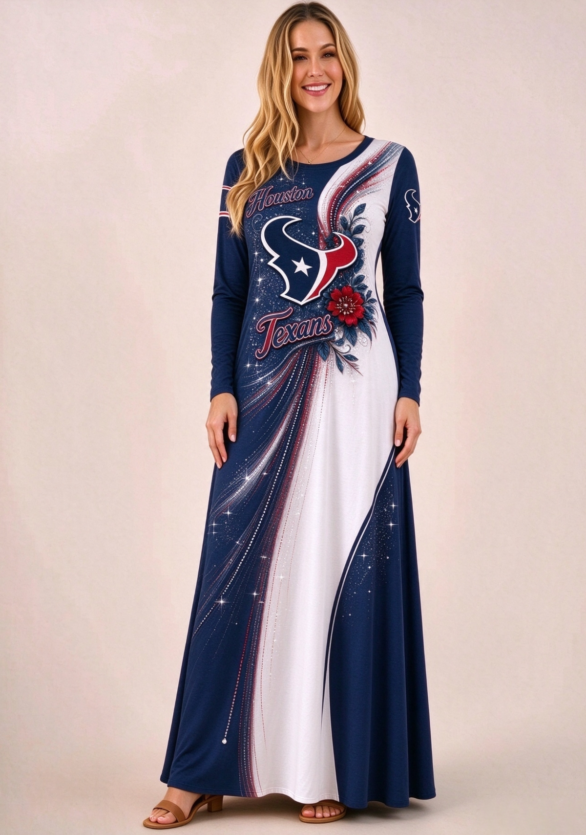 Women Houston Texans Print Long Sleeve Maxi Dress