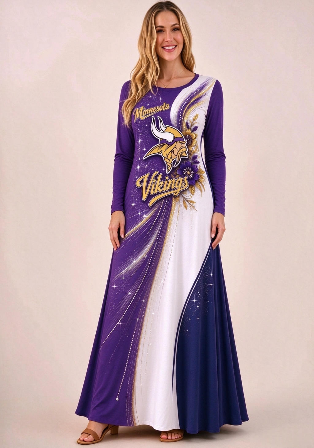 Women Minnesota Vikings Print Long Sleeve Maxi Dress