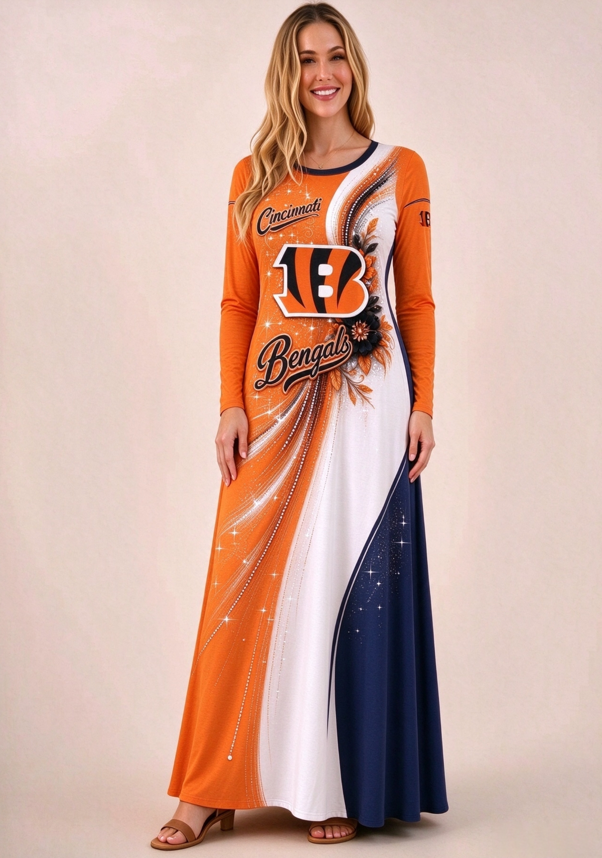 Women Cincinnati Bengals Print Long Sleeve Maxi Dress