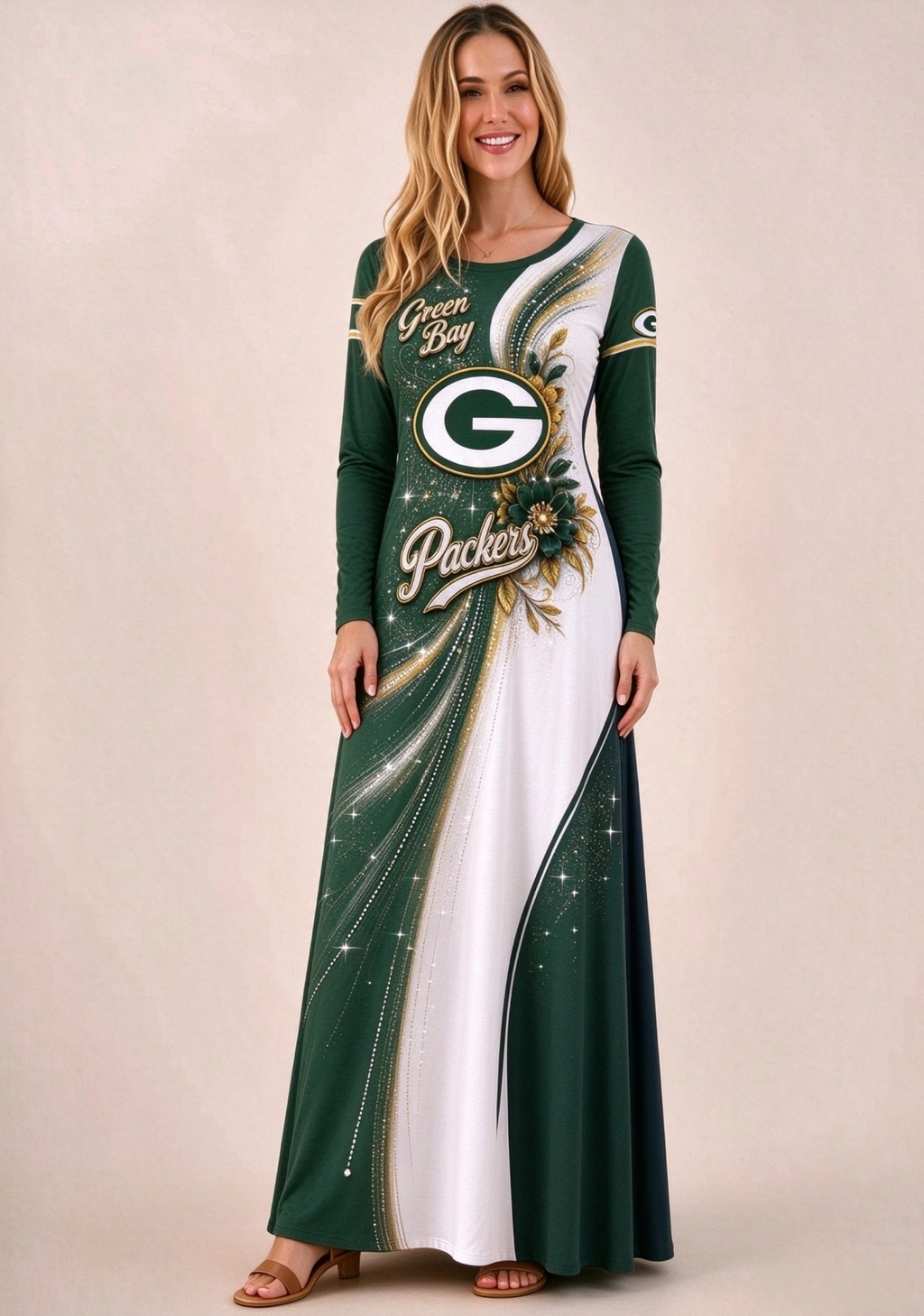 Women Green Bay Packers Print Long Sleeve Maxi Dress