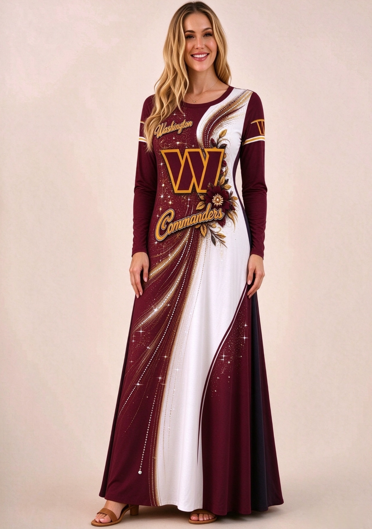 Women Washington Commanders Print Long Sleeve Maxi Dress