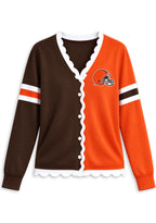 Women's Cleveland Browns Color Block Scalloped Trim V-Neck Button Cardigan
