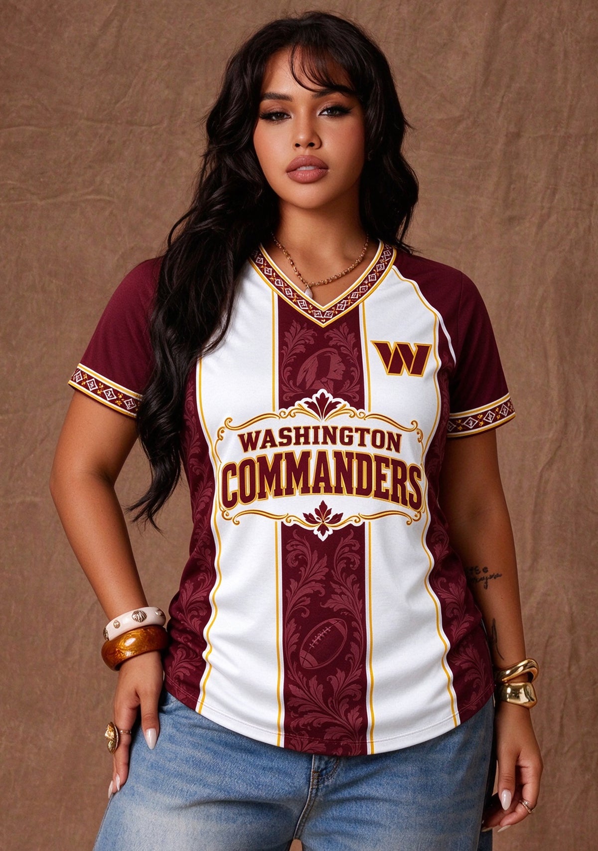 Women's Washington Commanders Floral Baroque Striped V-Neck T-Shirt Main image