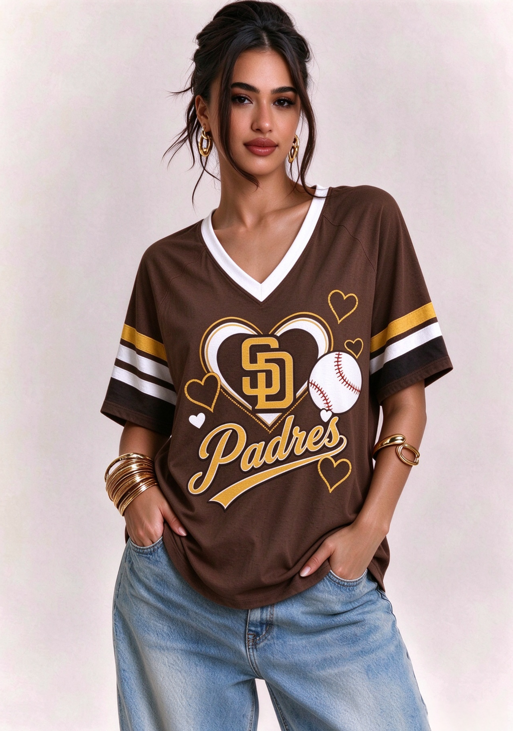Women San Diego Padres Heart Baseball Graphic V-Neck T-Shirt