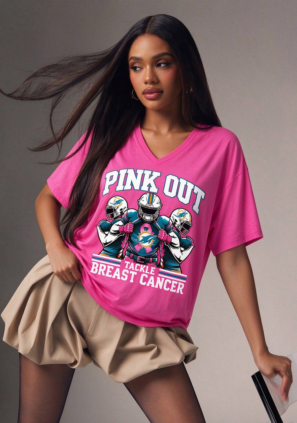 Miami Dolphins Pink Out Tackle Breast Cancer Awareness V-Neck T-Shirt