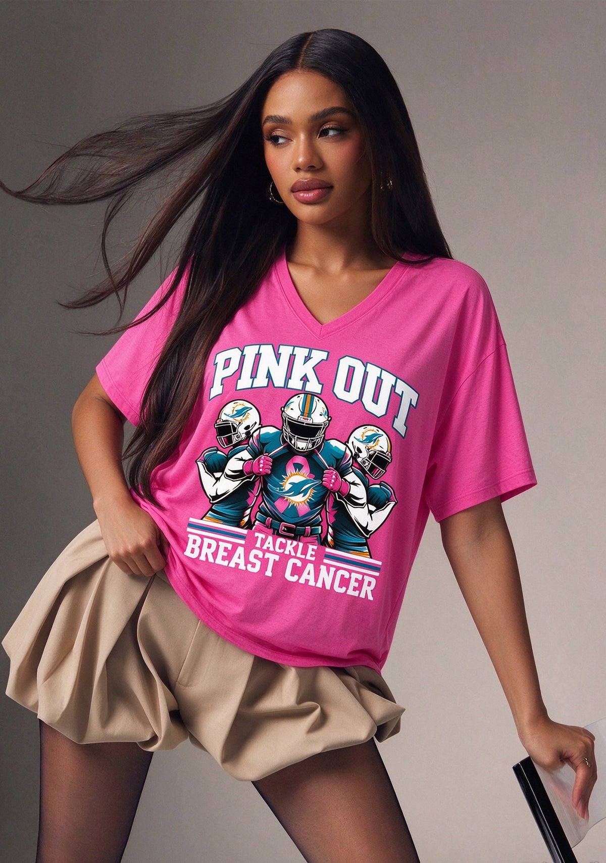 Miami Dolphins Pink Out Tackle Breast Cancer Awareness V-Neck T-Shirt