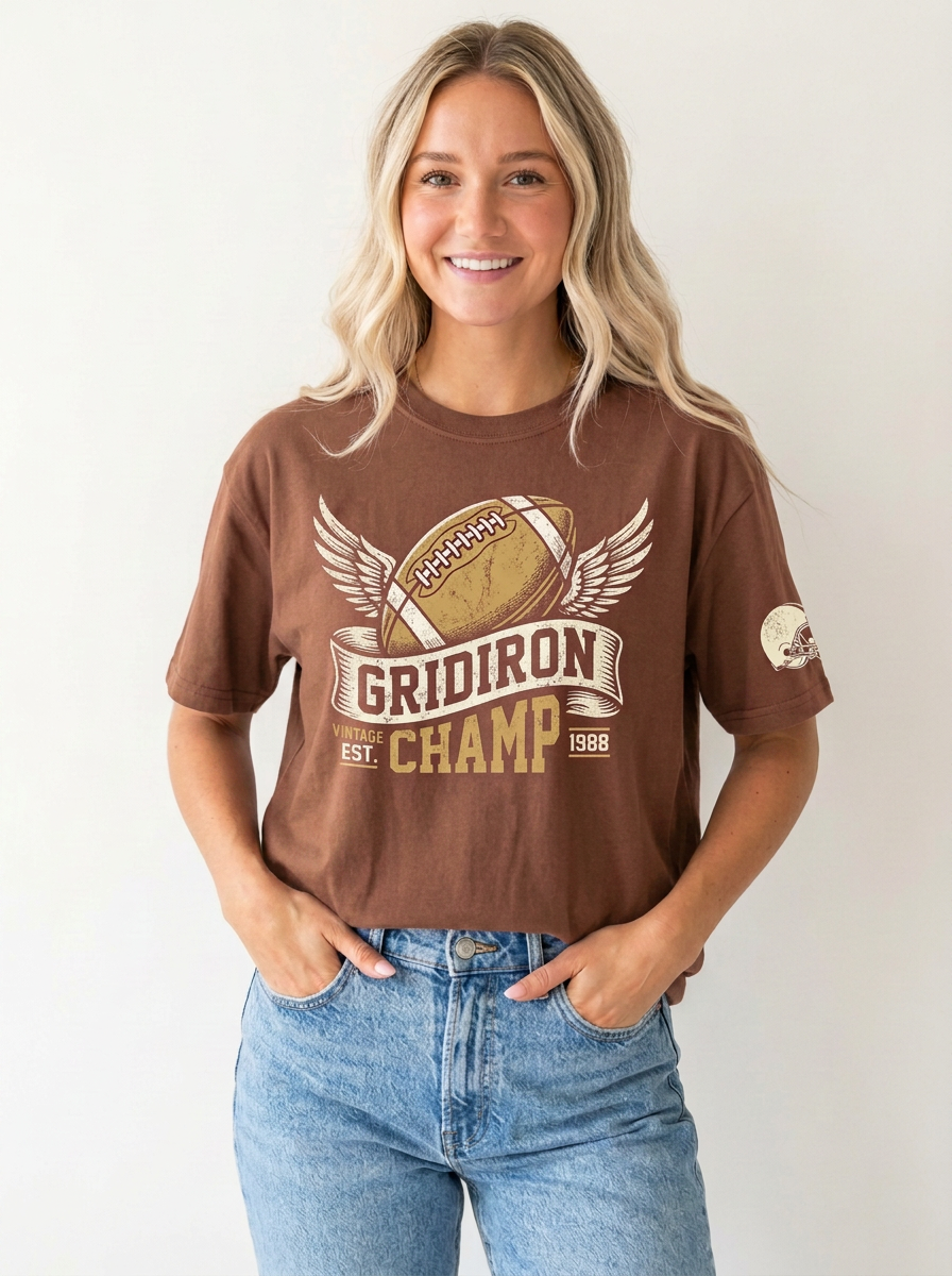 Women's Football Lover Gridiron Champ Winged Ball Printed T-Shirt