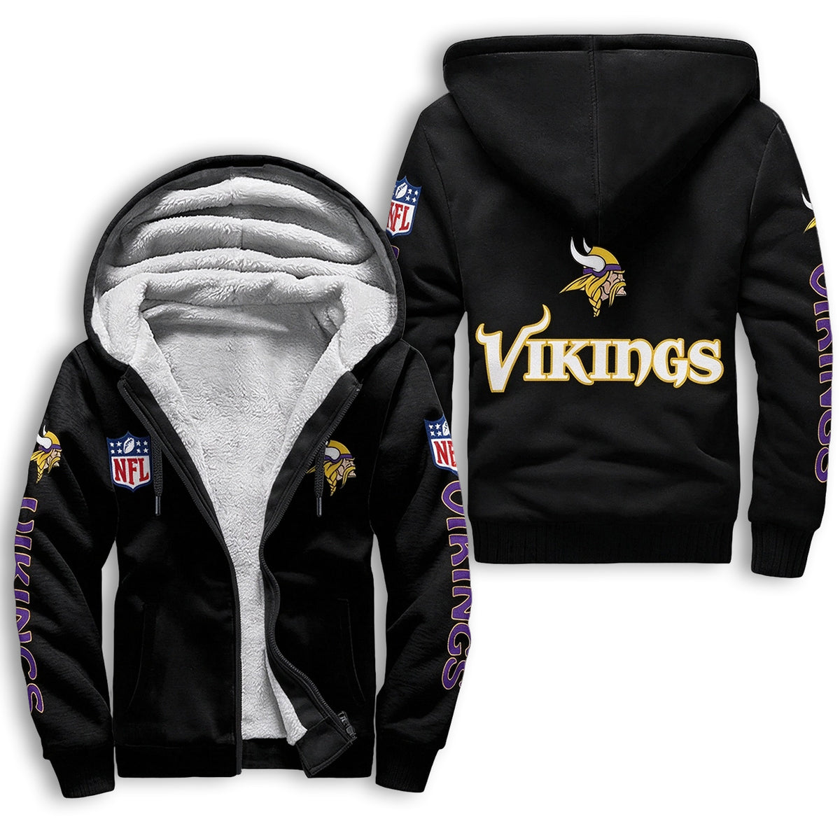 Minnesota Vikings Fleece Lined Zip Up Football Fan Hooded Jacket