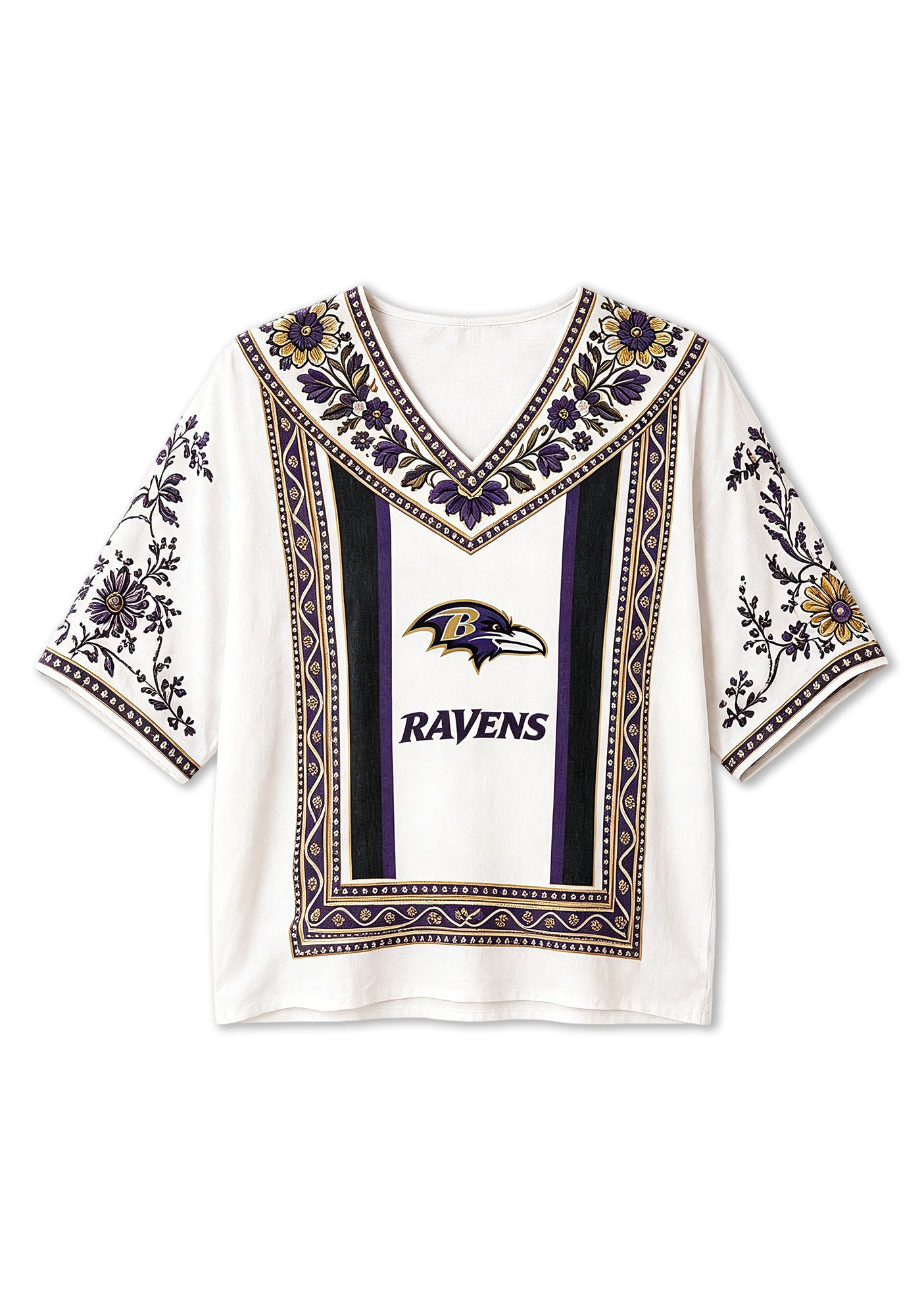 Boho Purple Gold Floral Baltimore Ravens V-Neck Blouse