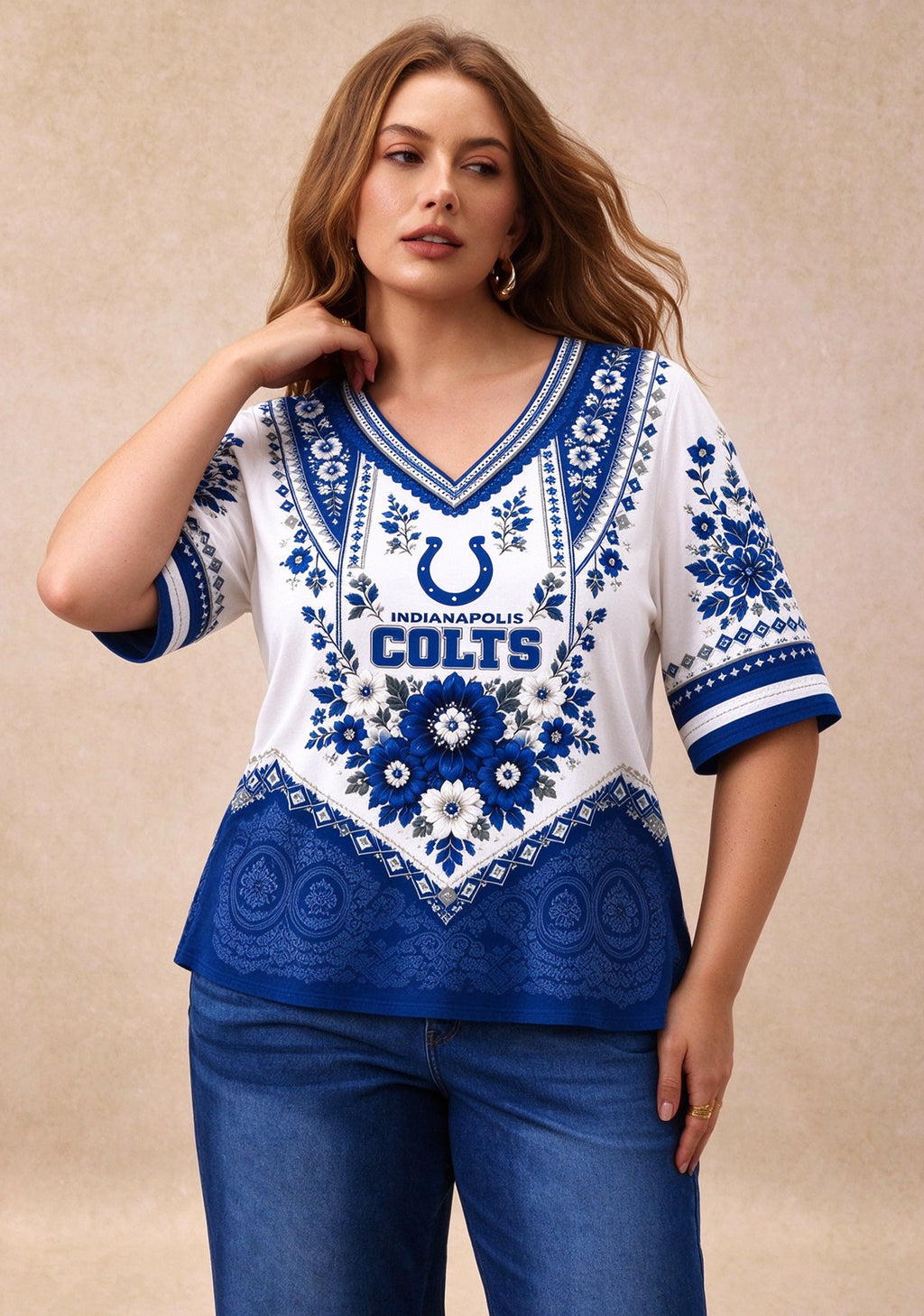 Women’s Indianapolis Colts Boho Floral V-Neck 3/4 Sleeve Shirt