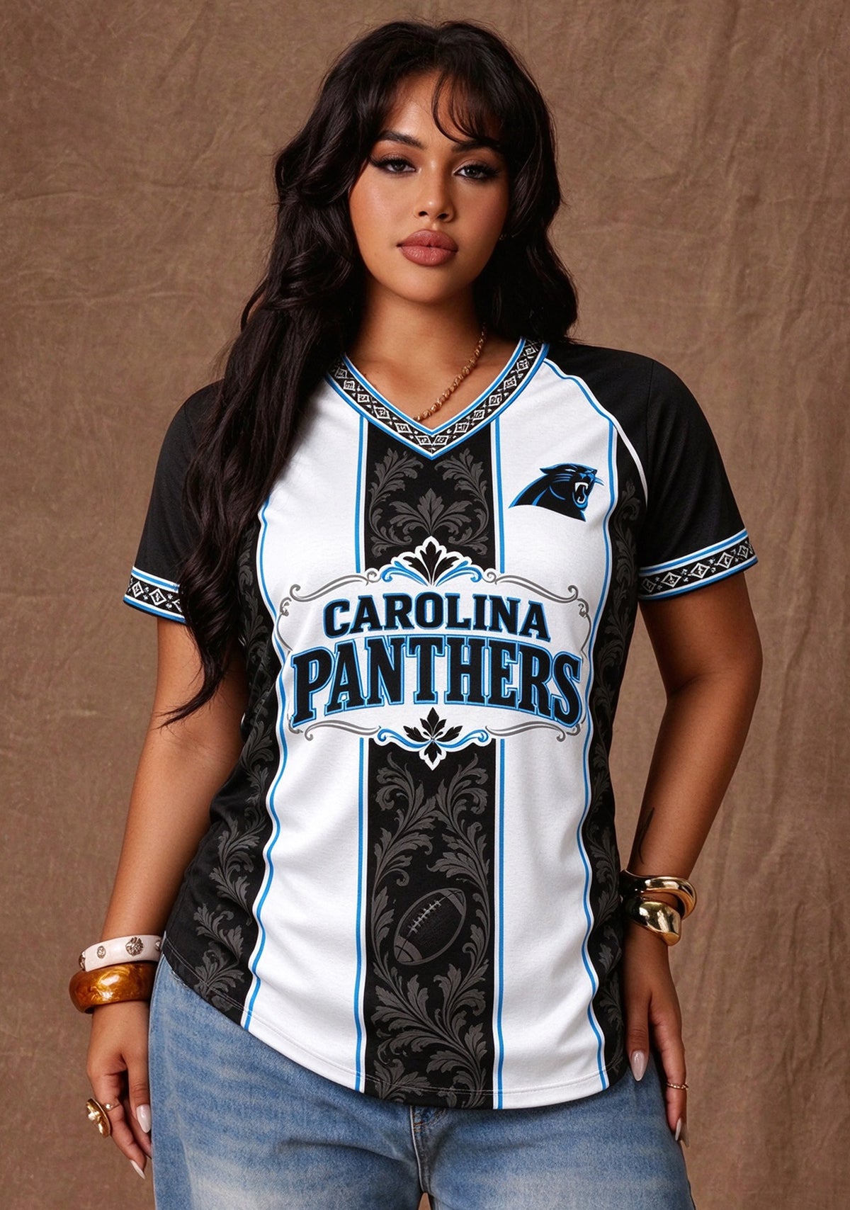 Women's Carolina Panthers Floral Baroque Striped V-Neck T-Shirt Main image