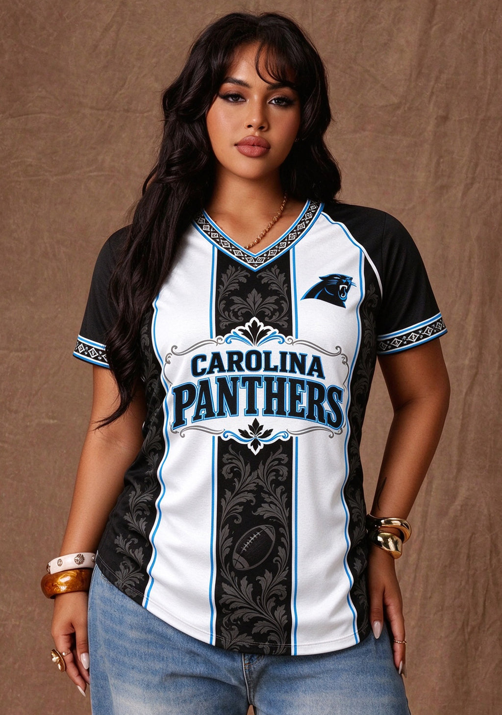 Women's Carolina Panthers Floral Baroque Striped V-Neck T-Shirt