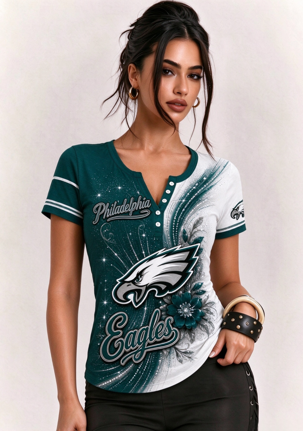 Women Philadelphia Eagles Floral Henley T-Shirt