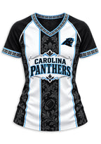 Women's Carolina Panthers Floral Baroque Striped V-Neck T-Shirt
