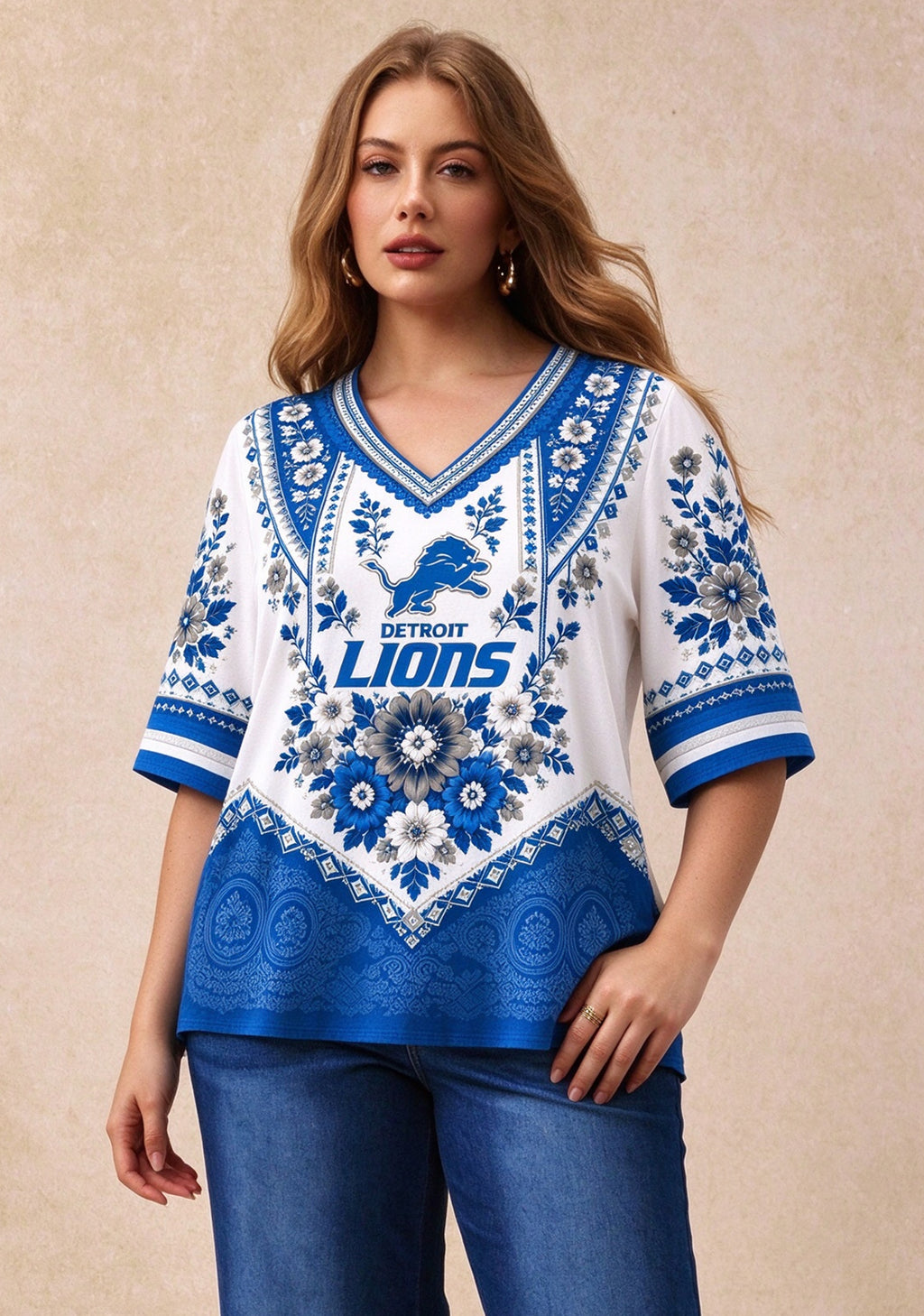 Women’s Detroit Lions Boho Floral V-Neck 3/4 Sleeve Shirt