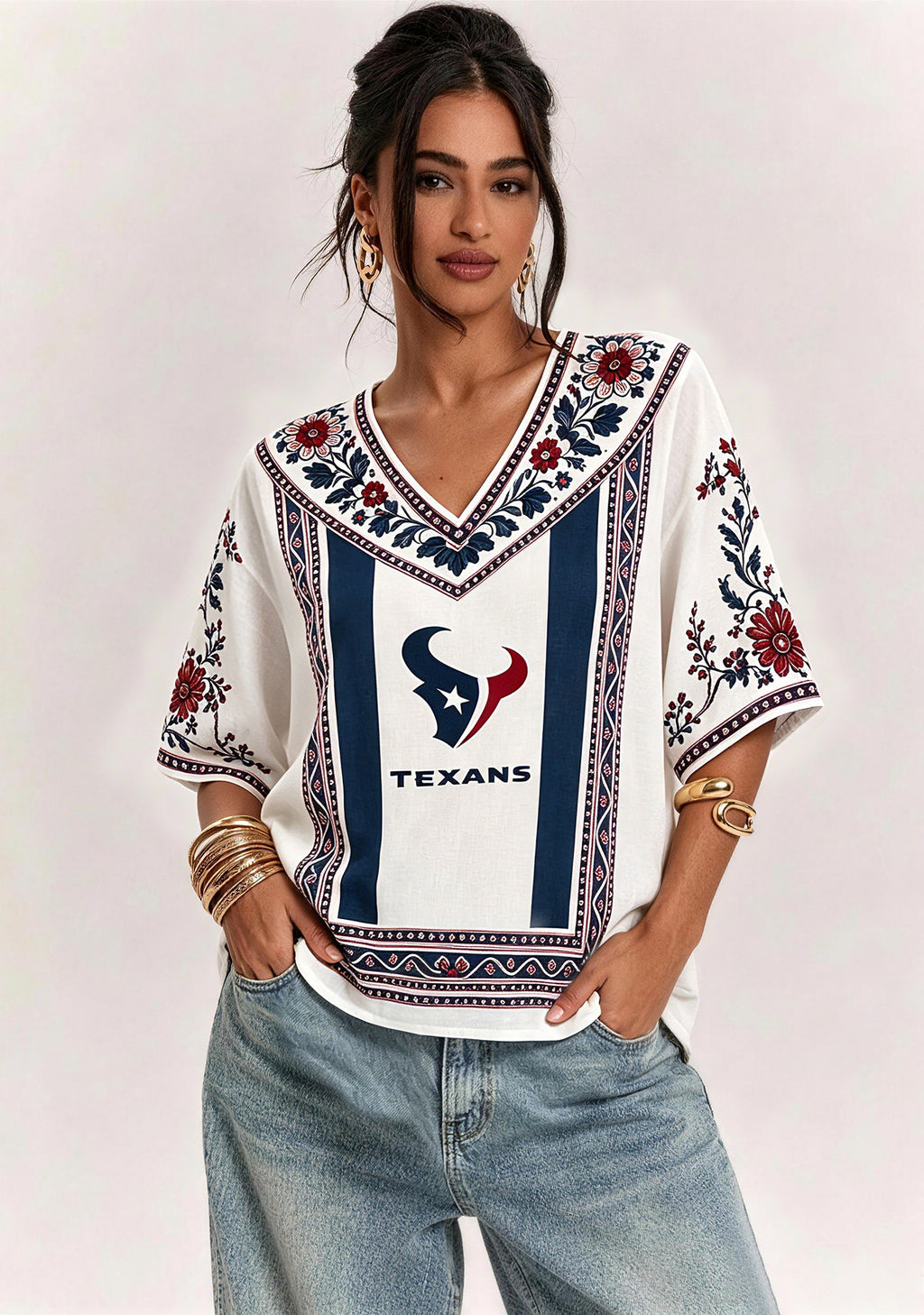 Boho Floral Houston Texans V-Neck Blouse