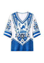 Women’s Detroit Lions Boho Floral V-Neck 3/4 Sleeve Shirt