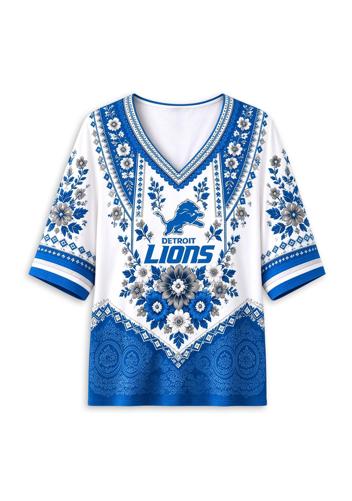 Women’s Detroit Lions Boho Floral V-Neck 3/4 Sleeve Shirt