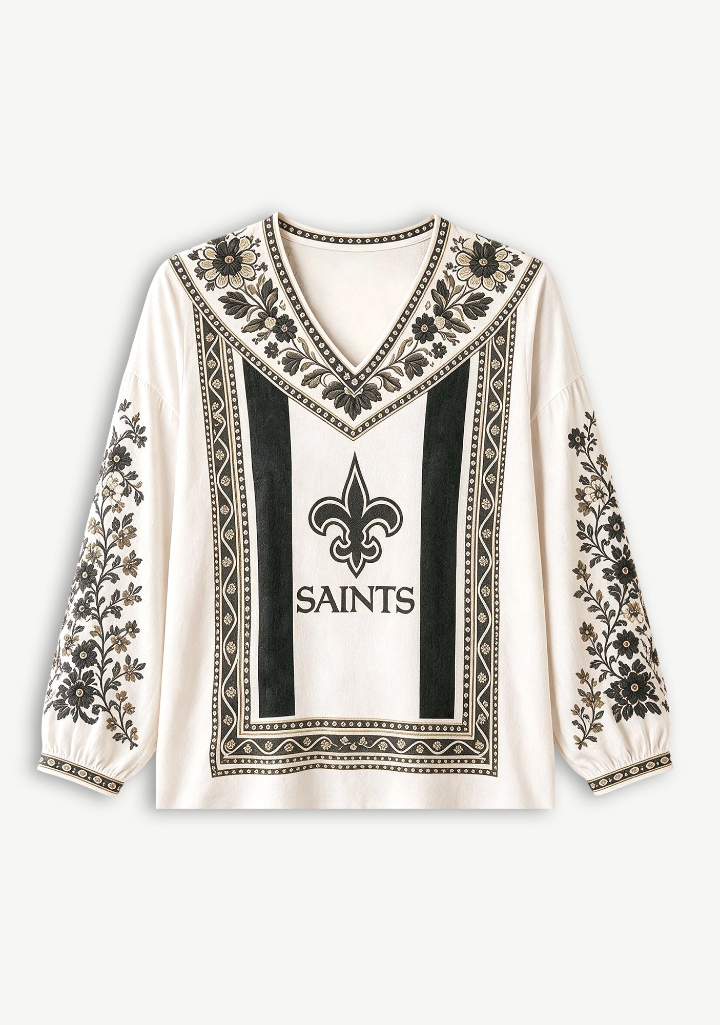 New Orleans Saints Boho Floral Printed V-Neck Long Sleeve Shirt Secondary image
