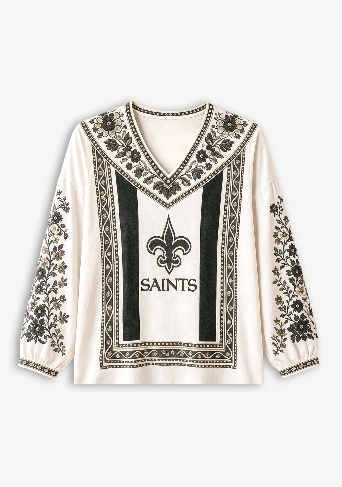 New Orleans Saints Boho Floral Printed V-Neck Long Sleeve Shirt