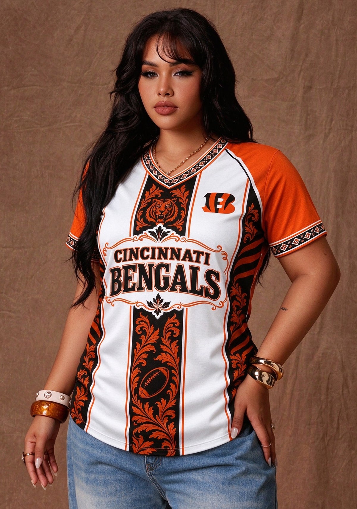 Women's Cincinnati Bengals Floral Baroque Striped V-Neck T-Shirt Main image