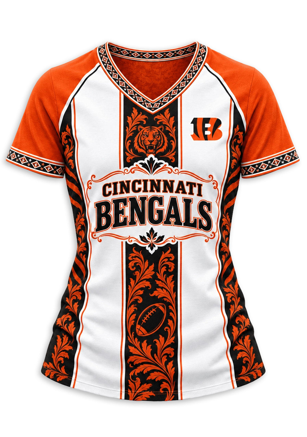 Women's Cincinnati Bengals Floral Baroque Striped V-Neck T-Shirt