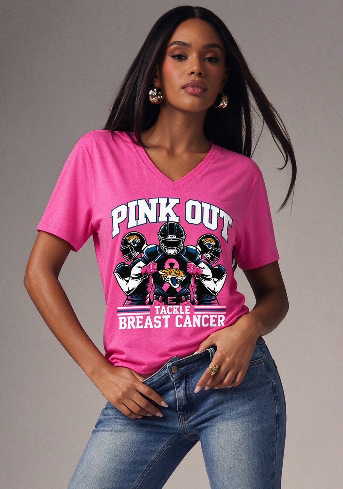 Jacksonville Jaguars Pink Out Tackle Breast Cancer Awareness V-Neck T-Shirt