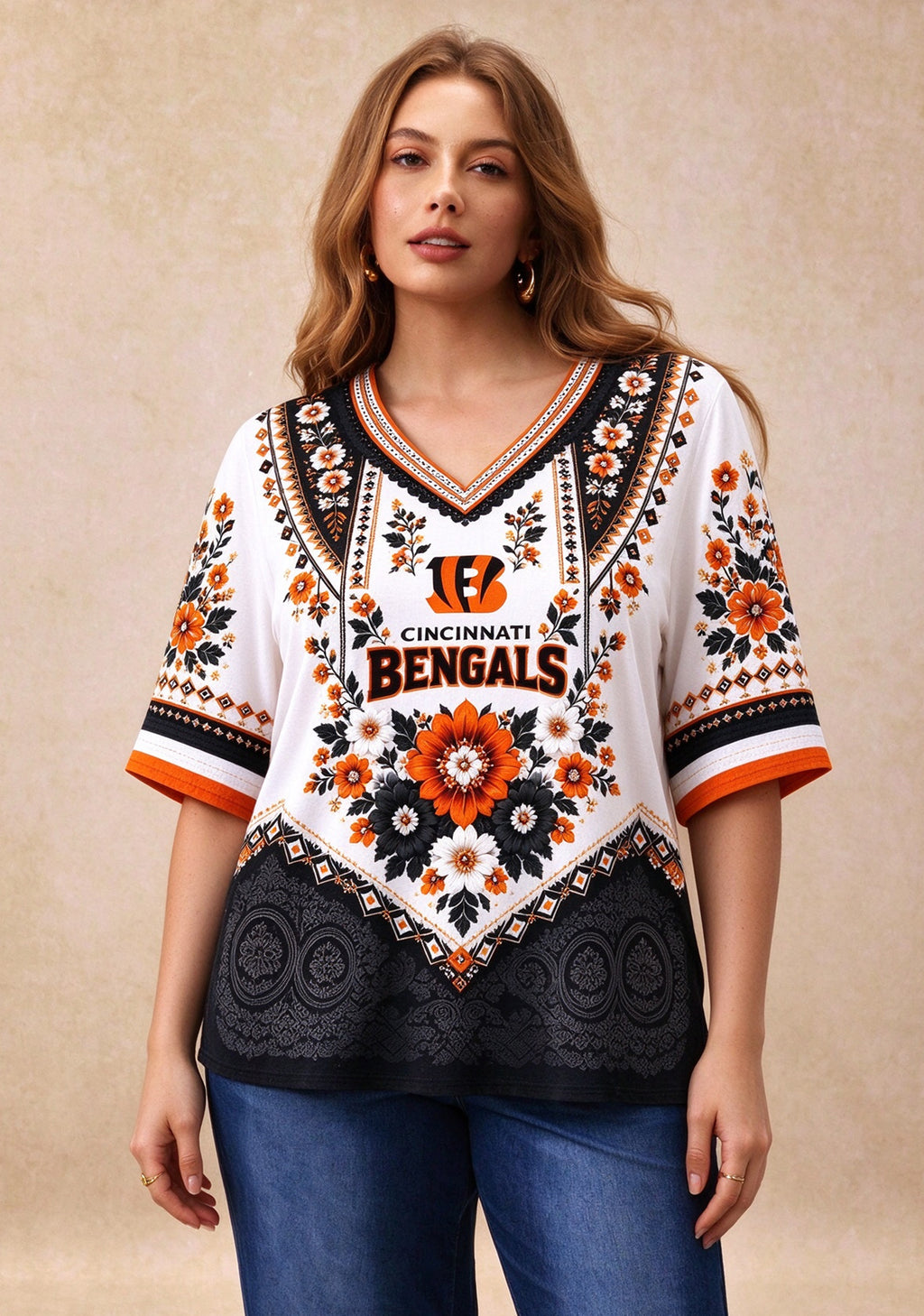 Women’s Cincinnati Bengals Boho Floral V-Neck 3/4 Sleeve Shirt