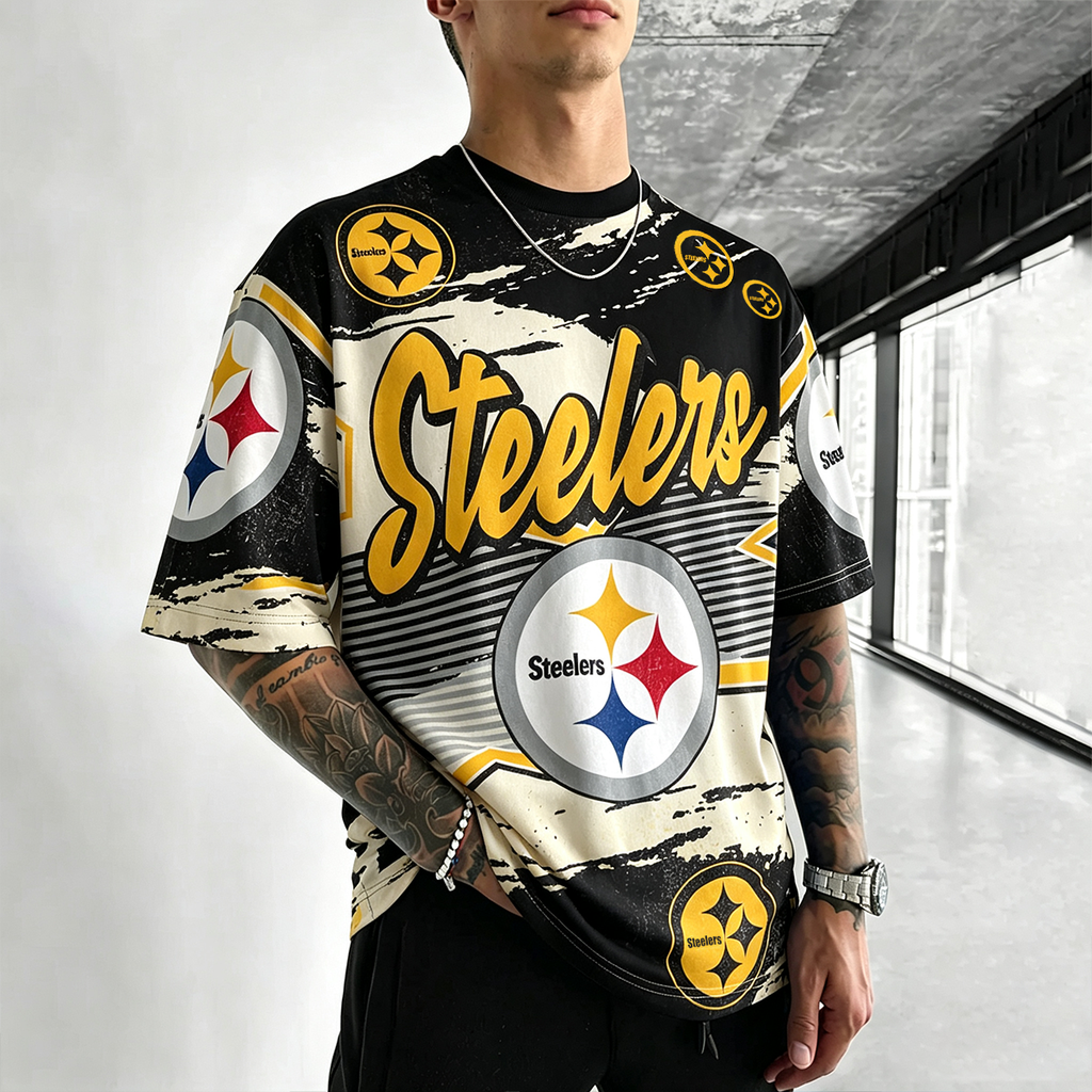 Pittsburgh Steelers Grunge Distressed Logo Printed T-Shirt