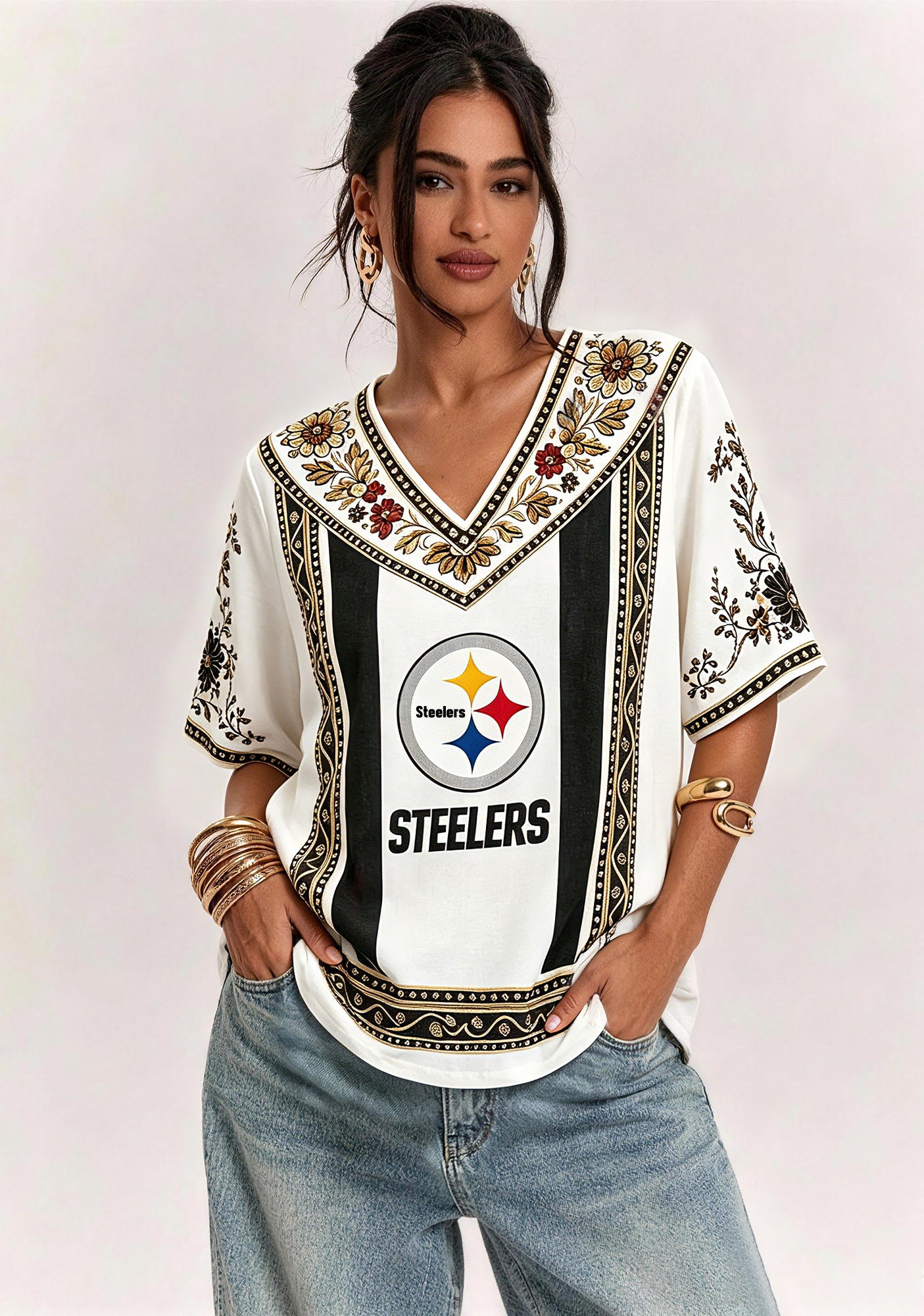Boho Floral Pittsburgh Steelers V-Neck Blouse