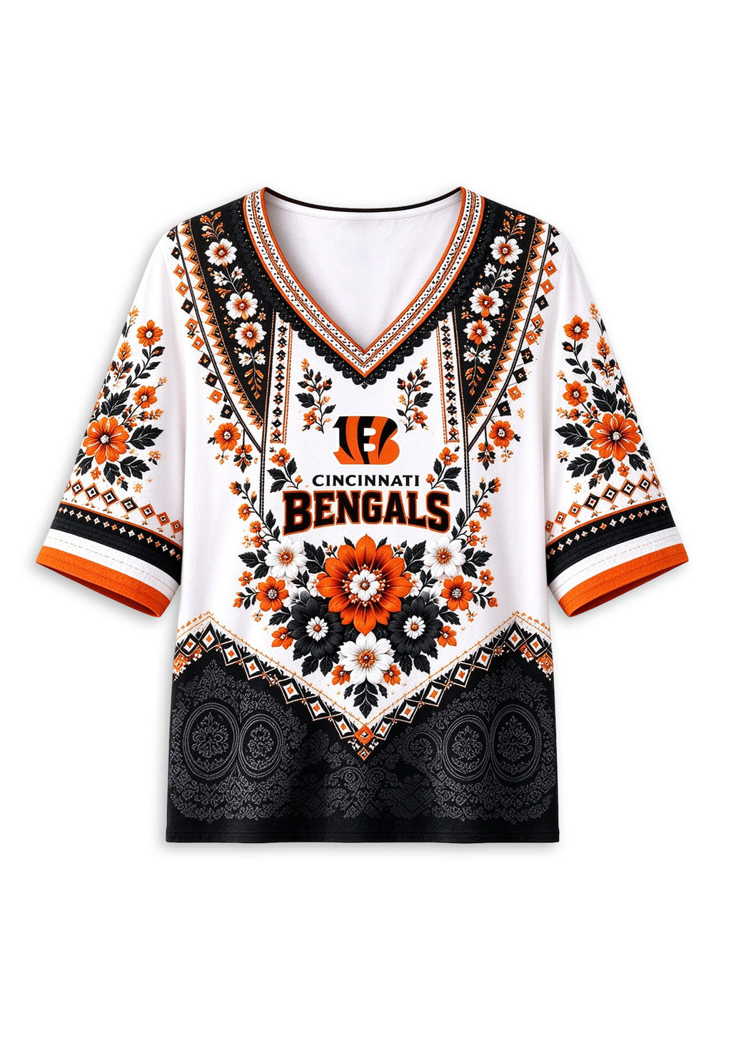 Women’s Cincinnati Bengals Boho Floral V-Neck 3/4 Sleeve Shirt
