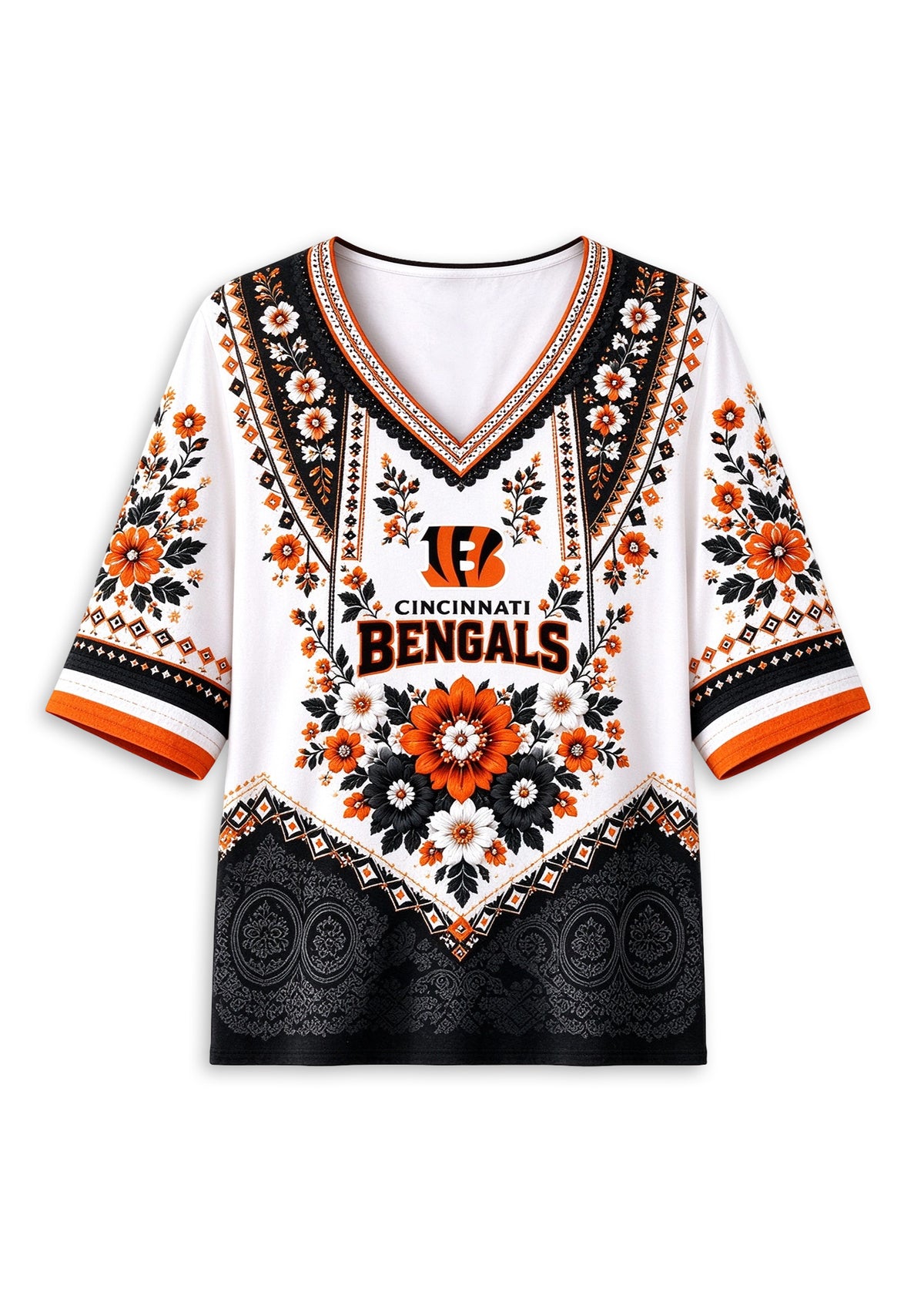 Women’s Cincinnati Bengals Boho Floral V-Neck 3/4 Sleeve Shirt