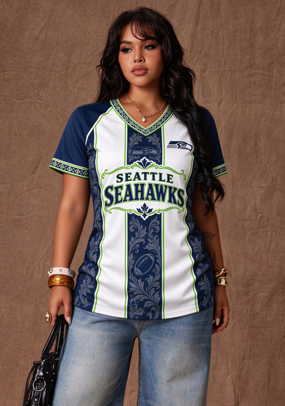 Women's Seattle Seahawks Floral Baroque Striped V-Neck T-Shirt