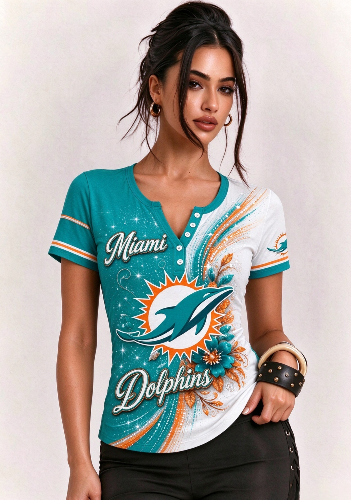 Women Miami Dolphins Floral Henley T-Shirt Main image