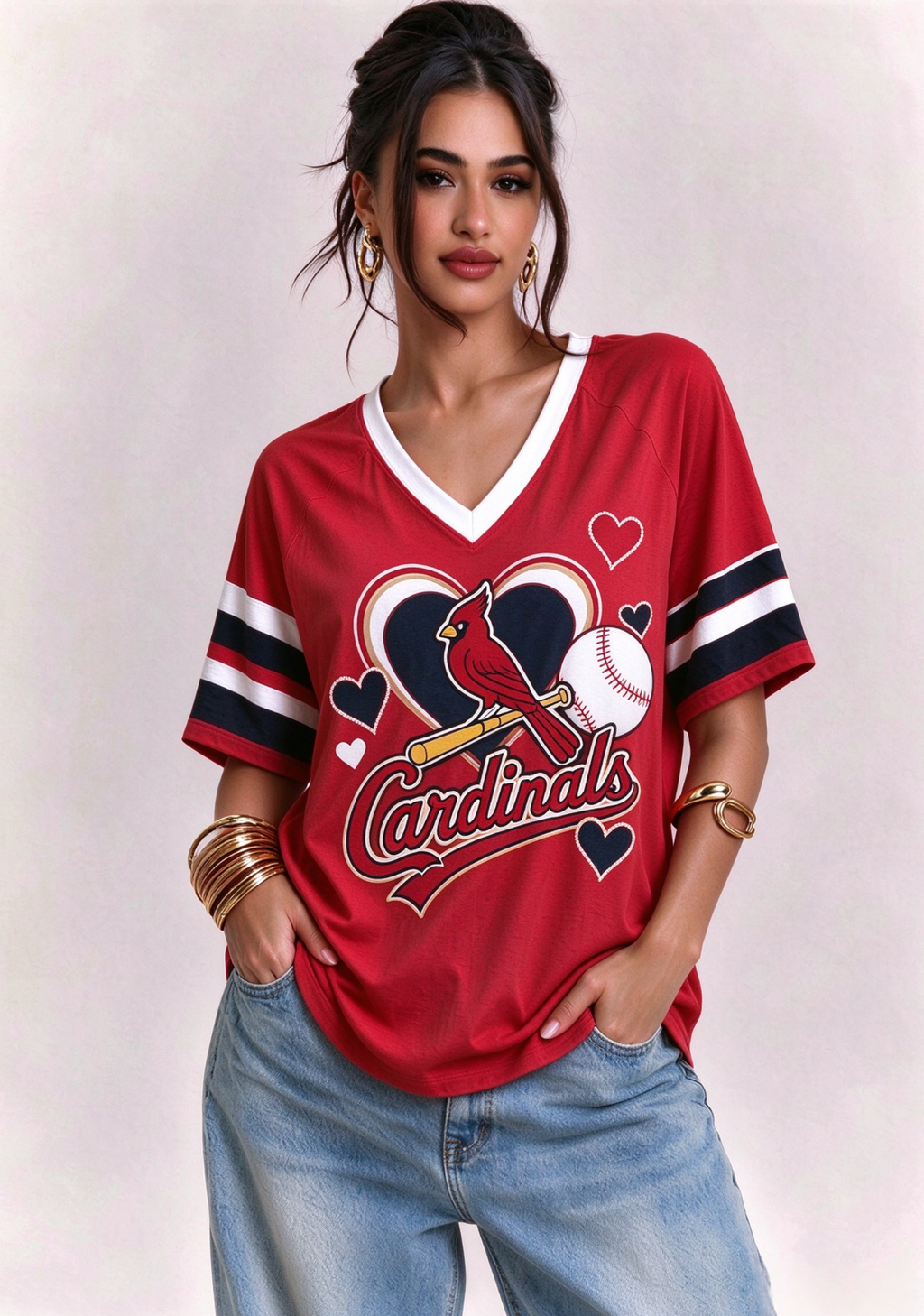 Women St. Louis Cardinals Heart Baseball Graphic V-Neck T-Shirt