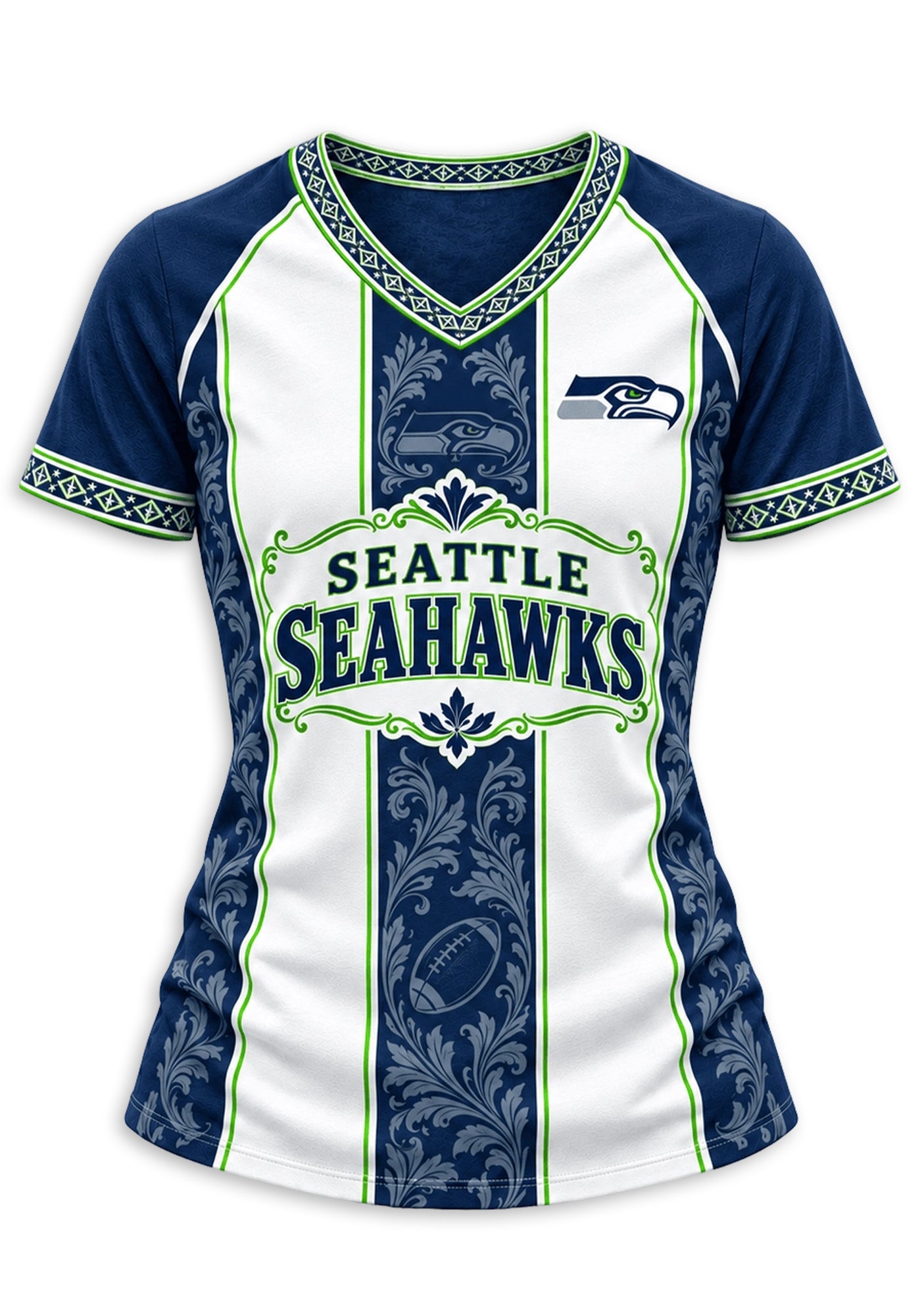 Women's Seattle Seahawks Floral Baroque Striped V-Neck T-Shirt Secondary image