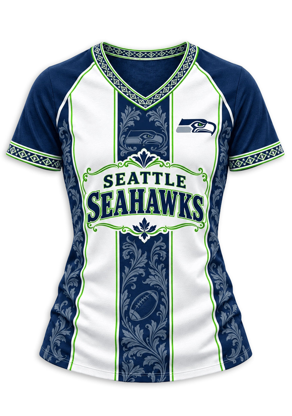Women's Seattle Seahawks Floral Baroque Striped V-Neck T-Shirt