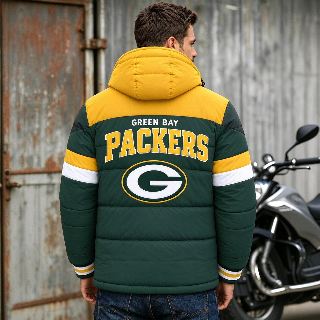 Green Bay Packers Hooded Color Block Puffer Jacket  Custom Name Gifts For Fan