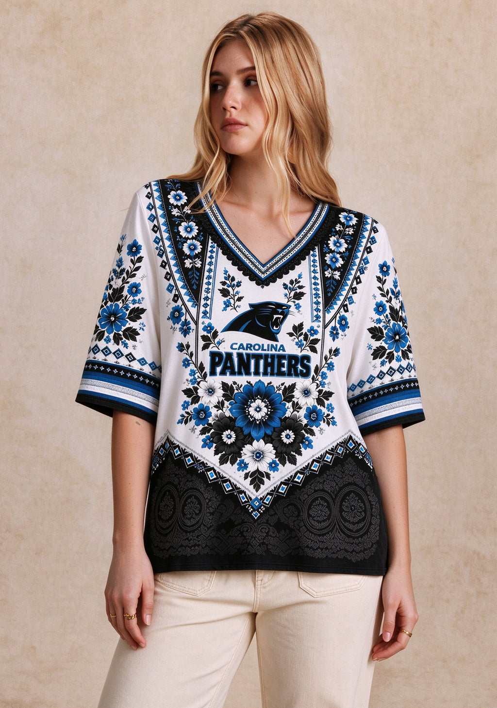 Women’s Carolina Panthers Boho Floral V-Neck 3/4 Sleeve Shirt