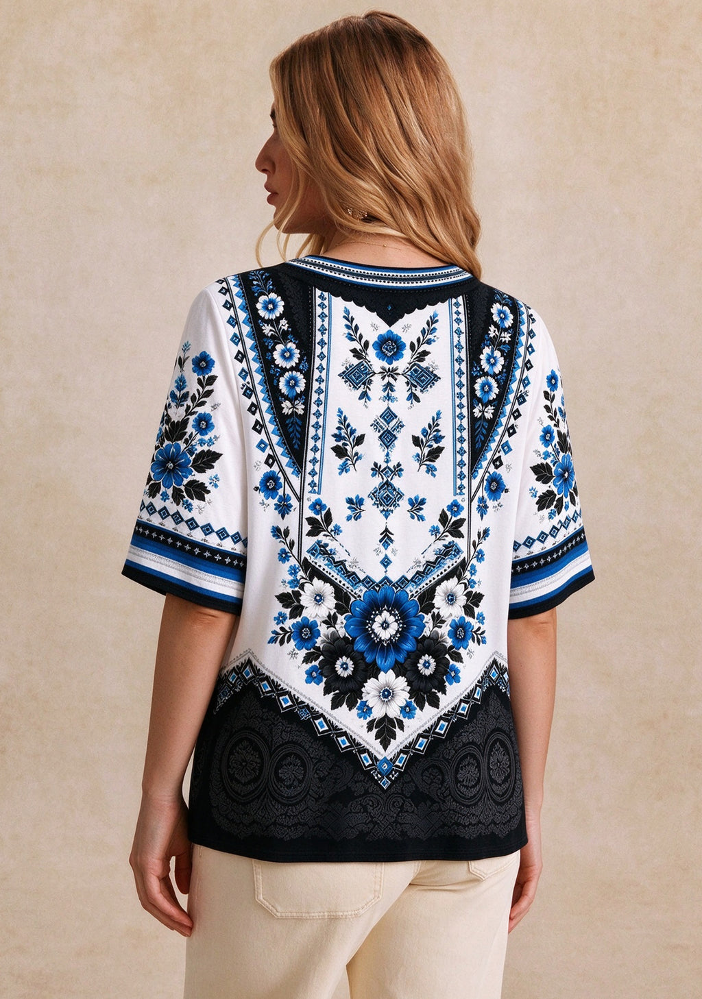 Women’s Carolina Panthers Boho Floral V-Neck 3/4 Sleeve Shirt